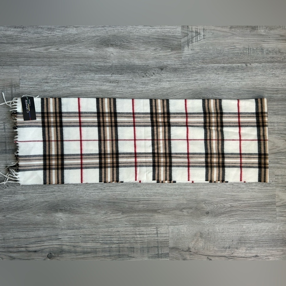 Cashmink V. FRAAS White‎ w/ Red, Brown, Black  Plaid  Scarf